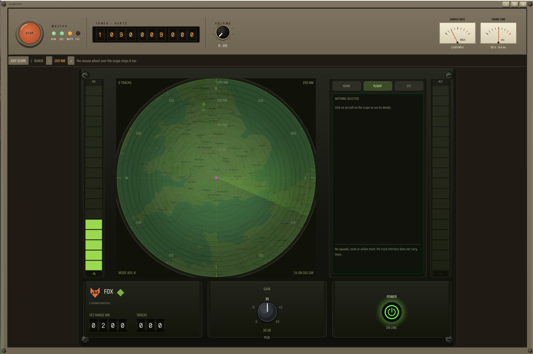 The ADS-B radar scope: a green phosphor map of Great Britain under range rings and a bearing ring, with signal and altitude ladders down either side, a range control, a gain knob and a power button.