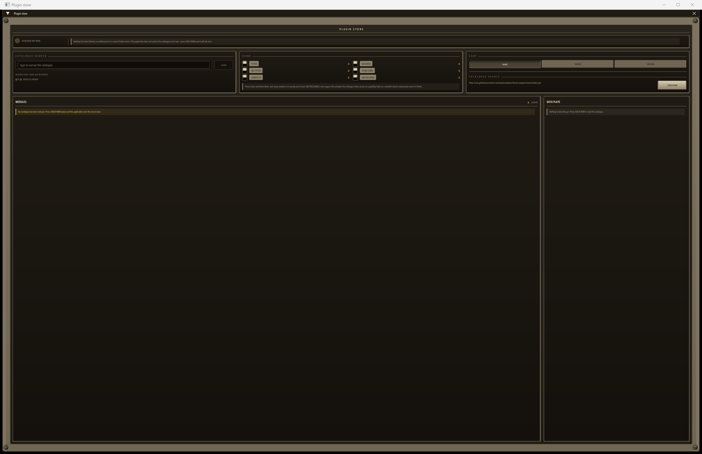 The Plugin Store window before anything has been fetched: a catalogue-not-read lamp, filter switches reading zero, and a message saying no catalogue has been read yet.